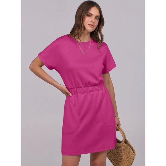 Anrabess Women Hot Pink Crew Neck Elastic Waist Mini T Shirt Dress With Pocket - Picture 2 of 6
